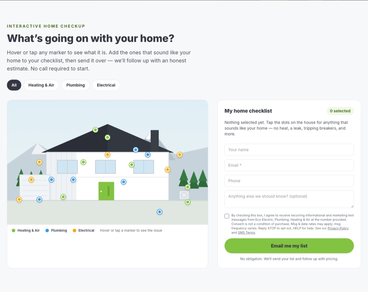 Eco's interactive home checkup: an illustrated house with color-coded heating, plumbing, and electrical markers beside a My home checklist email form