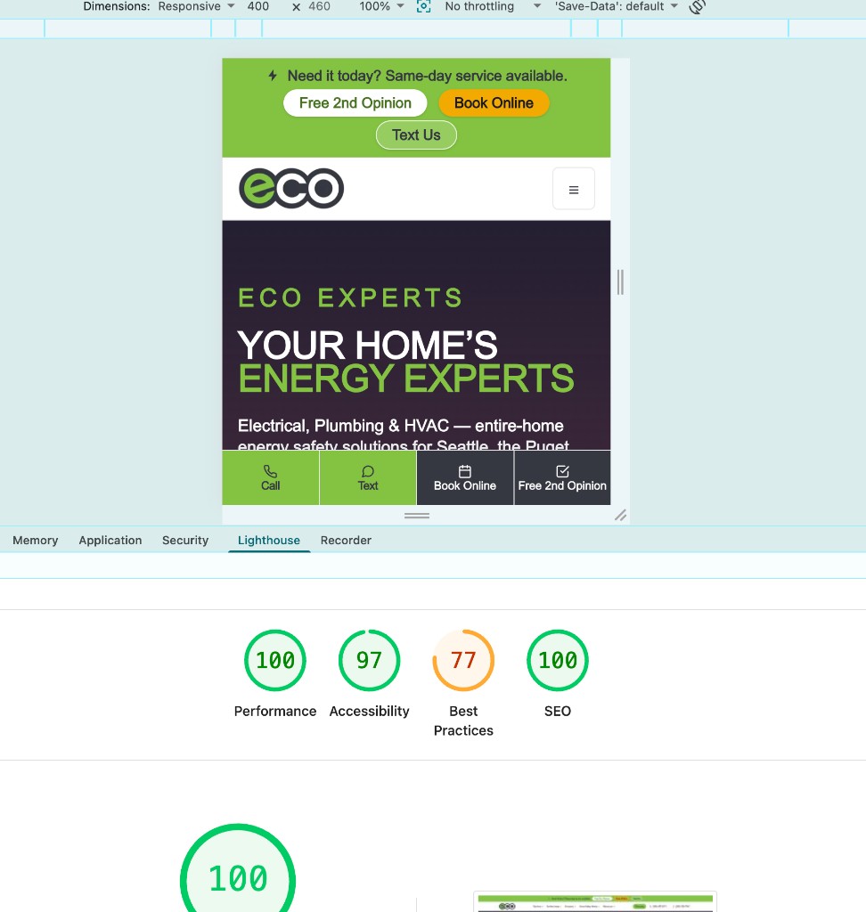 Lighthouse mobile re-measurement of Eco's live site on the new Energy Experts skin showing 100 performance, 97 accessibility, 77 best practices, and 100 SEO
