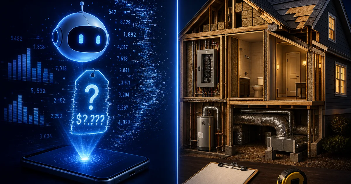 Split scene: an AI chatbot orb projecting a glitchy question-mark price tag from a phone, versus a warm cutaway of a real house showing the electrical panel, water heater, and ductwork a real estimate has to see