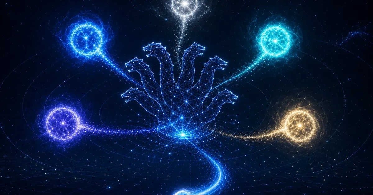 Five glowing AI model stars feeding streams of light into a hydra-shaped constellation core — Hydra OS drawing on multiple frontier models, with a new star arriving in orbit