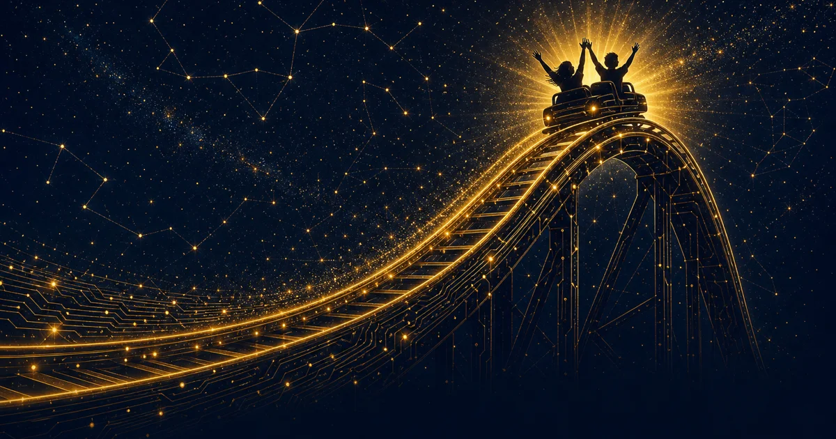 Two riders with their hands raised on a golden roller coaster built from circuit-board light trails, cresting against a deep navy starfield