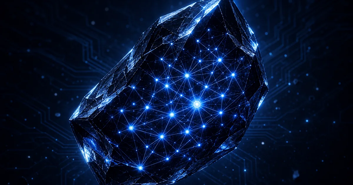 A glowing obsidian crystal with an electric-blue knowledge graph of connected nodes inside — the Hydra OS Central Intelligence engine, expanded with Obsidian