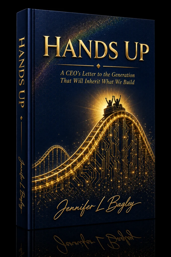 Hands Up by Jennifer L Bagley — 3D hardcover with a golden circuit-board roller coaster on a deep navy cover