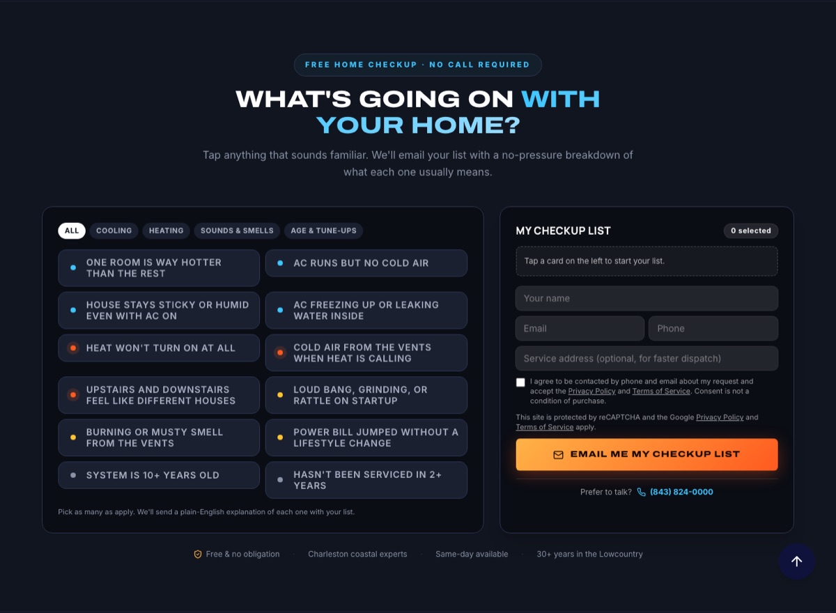 All Star Free Home Checkup component with tappable HVAC symptom cards and a My Checkup List email form
