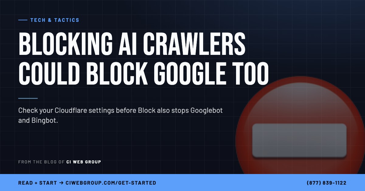 A Cloudflare bot-control settings panel toggled to block, illustrating how blocking AI crawlers can also block Googlebot.