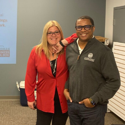 Jennifer Bagley and Clay Howard at a speaking event